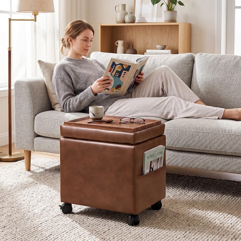 Adeco 16" W Upholstered Rectangle Storage Ottoman with Tray and Pocket