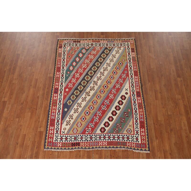 Vegetable Dye Flatweave Kilim Qashqai Persian Antique Area Rug - 5'1"x 7'0"