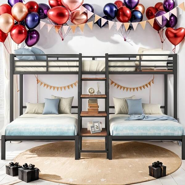 slide 2 of 13, Modern Twin over Twin & Twin Triple Bunk Bed With Storage Shelves Staircase for Bedroom