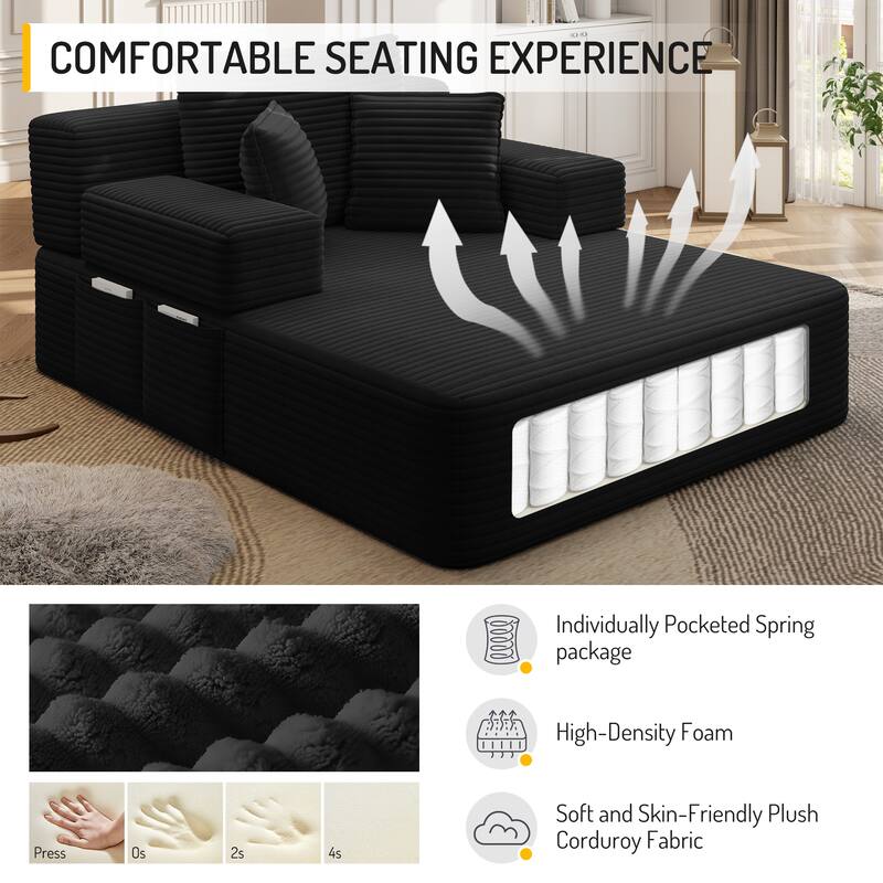 Luxurious Plush Corduroy Chaise Lounge Convertible Sofa Bed with Storage Pocket and Wide Armrests
