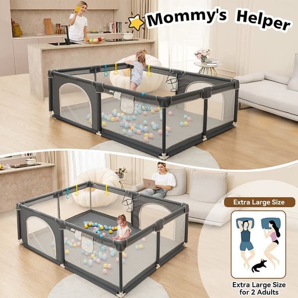 slide 2 of 7, Infant 79"x79" 4-Panel Baby Playpen Spacious & Secure Foldable Playard Grey Grey