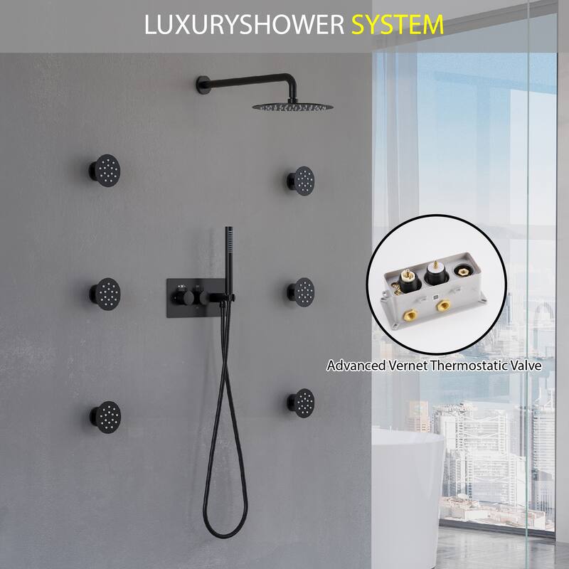 Thermostatic Shower System with 10" Ultra-Thin Round Shower Head,Body Jets And Hand Shower