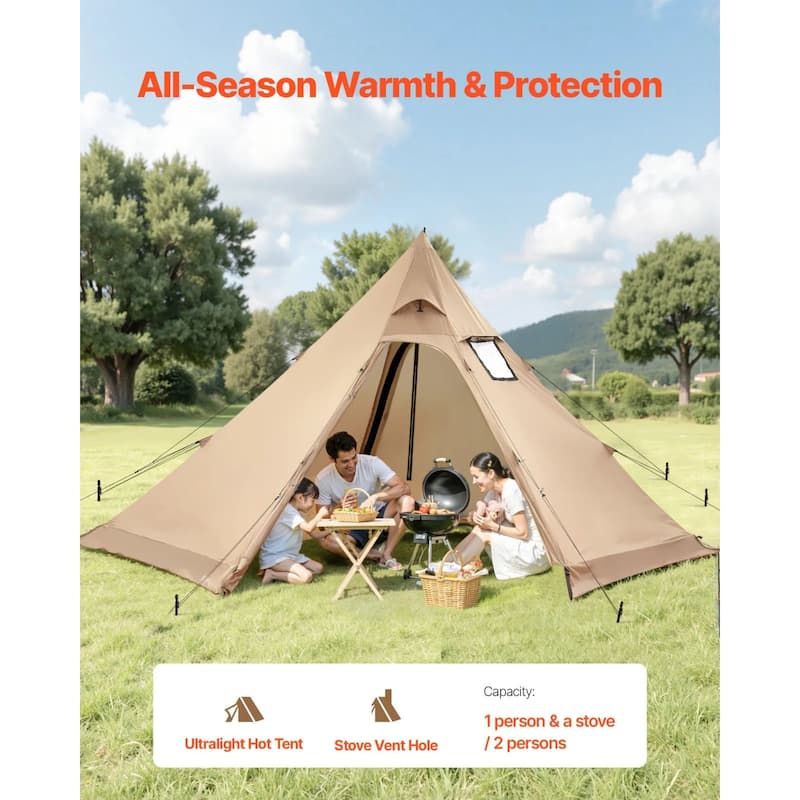 Large Pyramid Camping Tent with Stove Jack and Windproof Waterproof 4-Season Outdoor Shelter