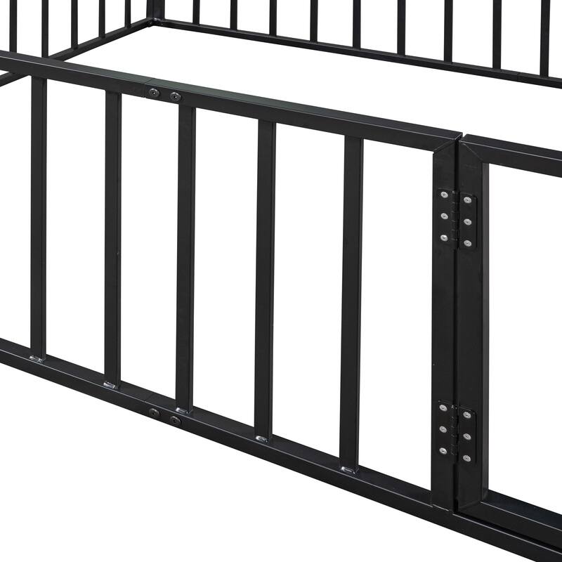 Queen Size Metal Floor Bed Frame with Fence and Door, Black Bed Bath