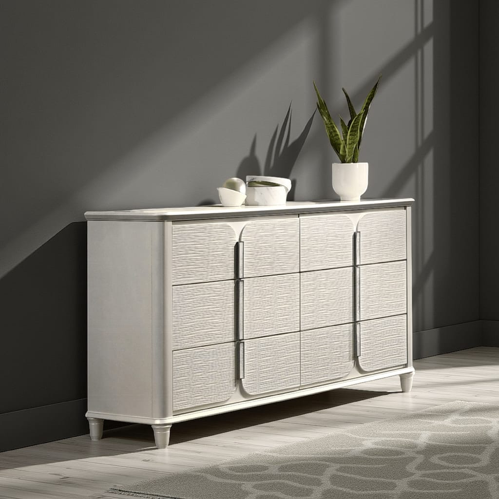 Veda Wide Dresser, Luxurious Pearl White Wood Finish, 6 Modern Drawers