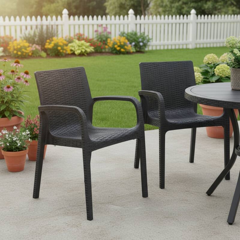 HomeRoots Set of Two Black Faux Rattan Heavy Duty Plastic Outdoor Stacking Arm Chairs