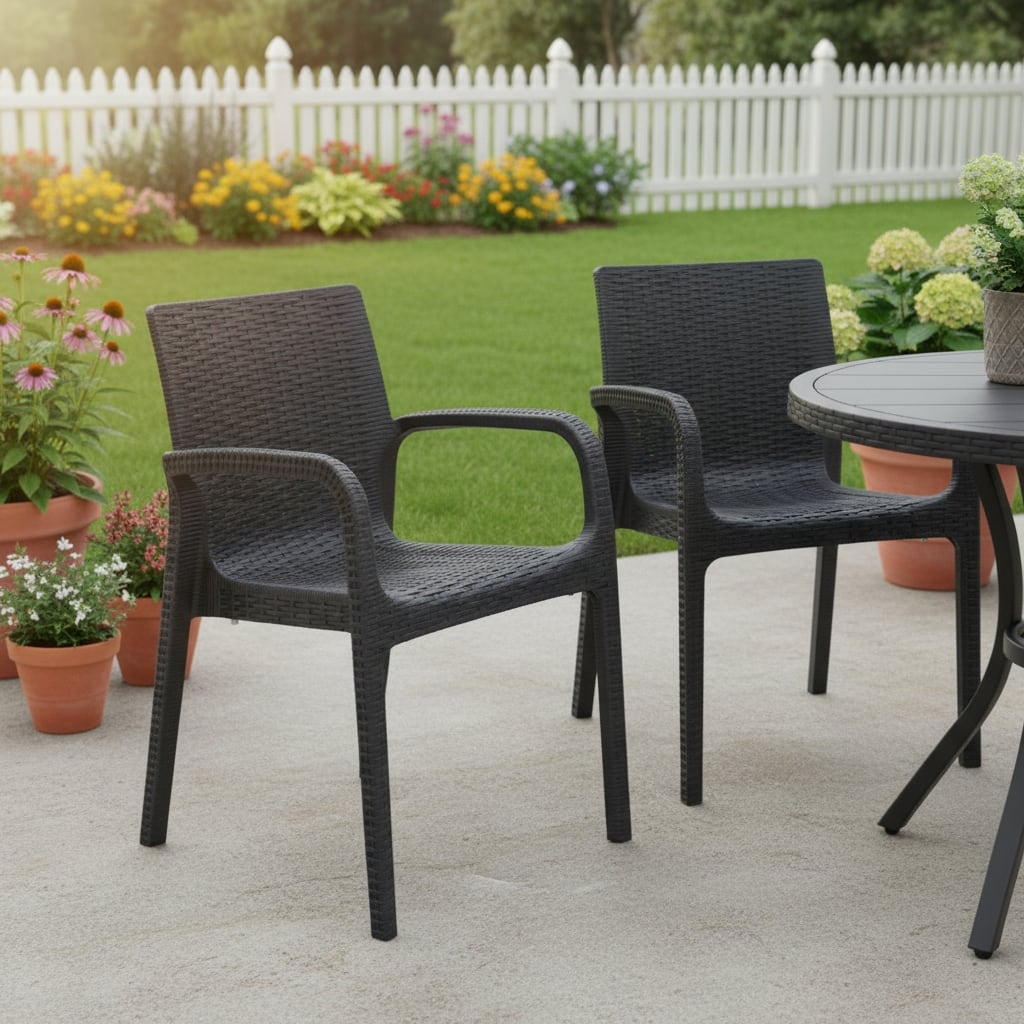 HomeRoots Set of Two Black Faux Rattan Heavy Duty Plastic Outdoor Stacking Arm Chairs