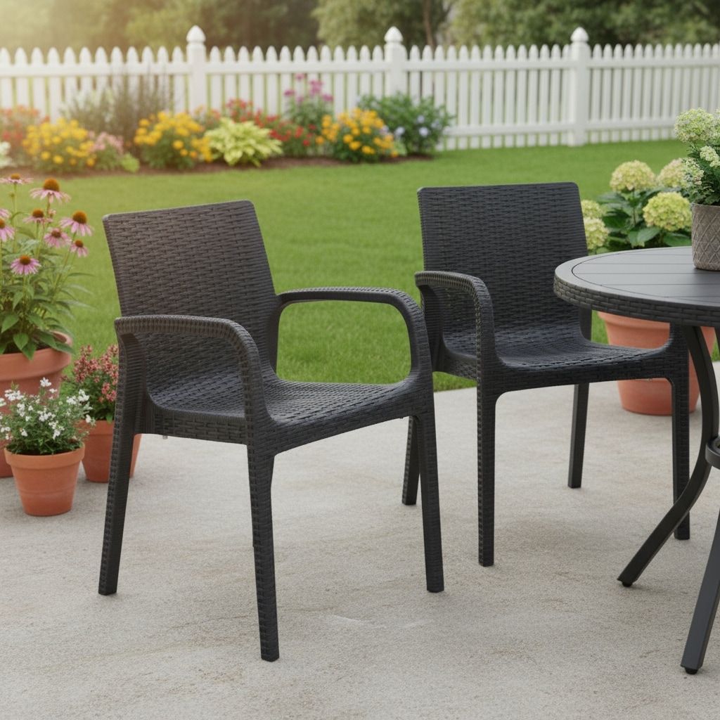HomeRoots Set of Two Black Faux Rattan Heavy Duty Plastic Outdoor Stacking Arm Chairs