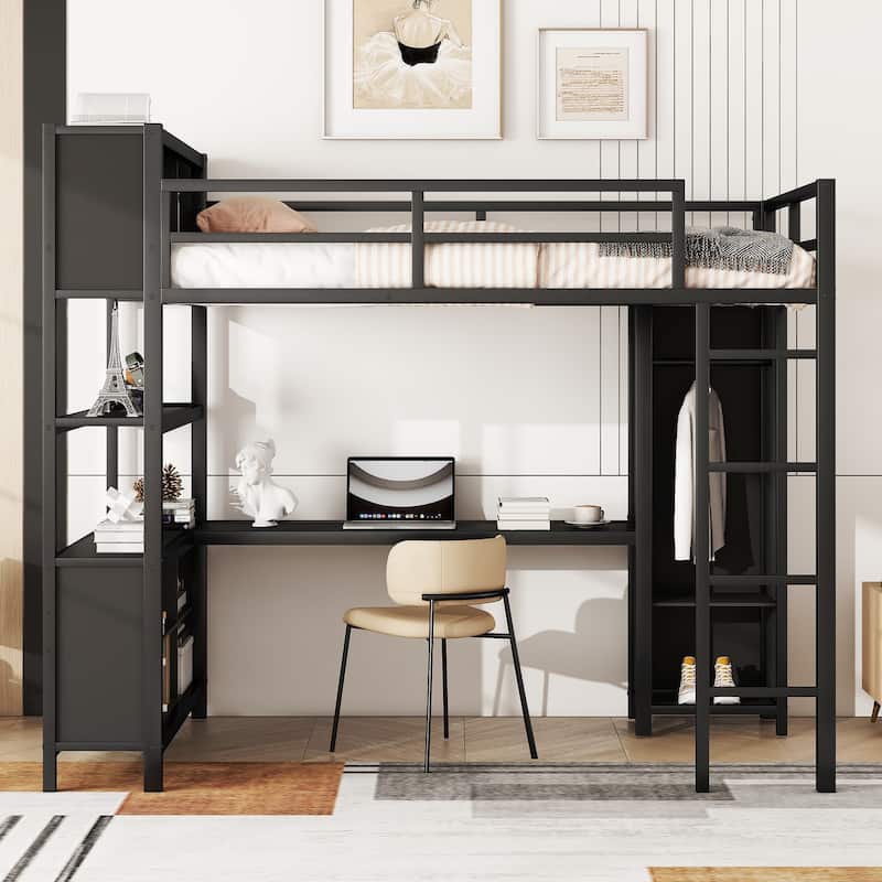 Black Full Size Metal Loft Bed with Wardrobe, L-shaped Desk, and Storage Cubes