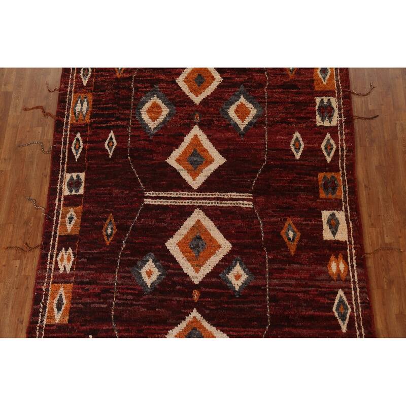 Hand Knotted Oriental 100% Wool Carpet Modern Tribal Red Moroccan Area Rug - 9' 7'' X 6' 10''