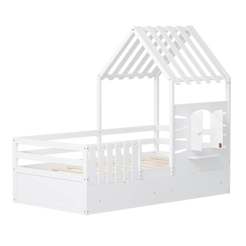 Twin Bed Frames With 2 Storage Drawers and Guardrails,Playhouse Bed With Roof and Window,Wooden Bed No Box Spring Needed