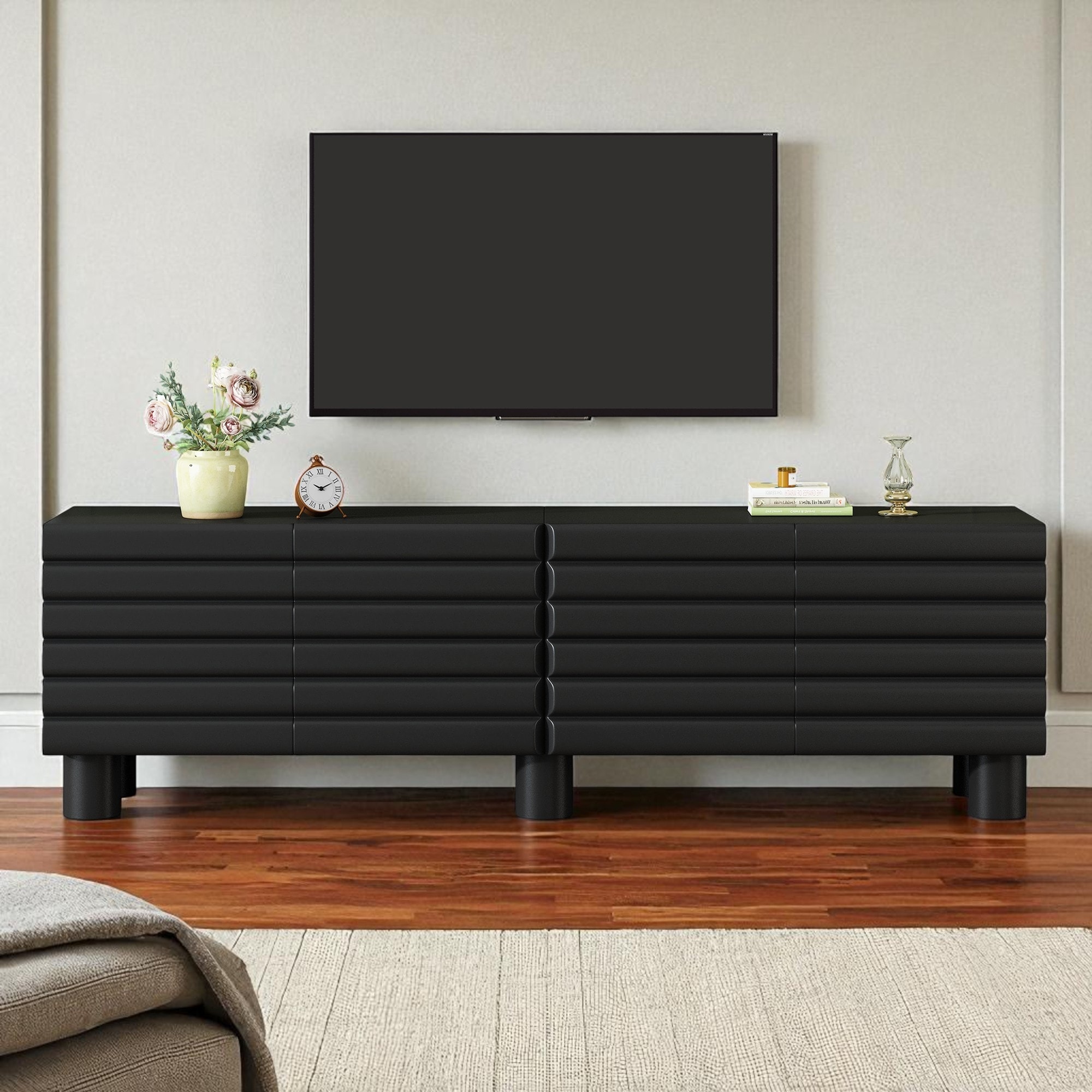 70'' TV Stand with Wavy Door Panels & Adjustable Shelves, Modern Media Console with 4 Cabinets, Cable Holes & Cylindrical Legs