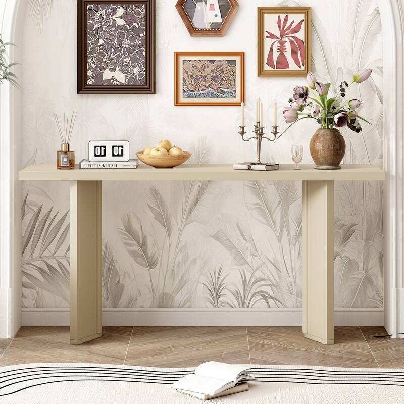 63" Console Table with Pine Wood for Living Room Study or Dining Room - Beige