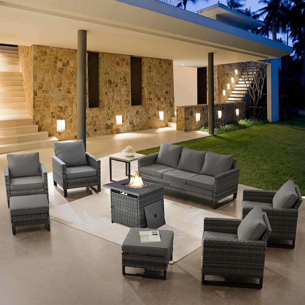 4 Patio Chairs with Sofa and Fire Pit Table