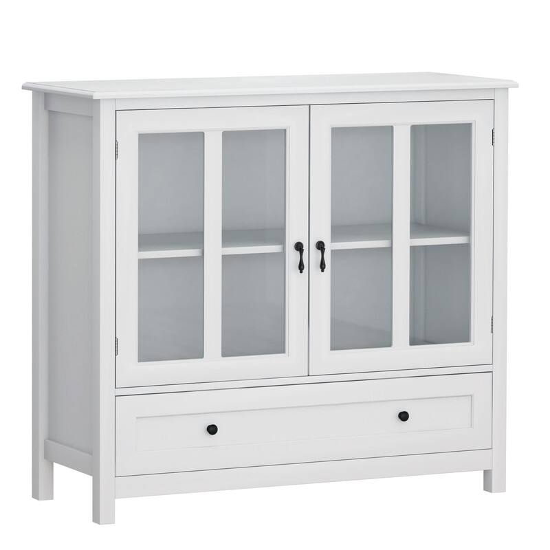 Retro Style White Wood Storage Sideboard Cabinet with Glass Doors and Drawer