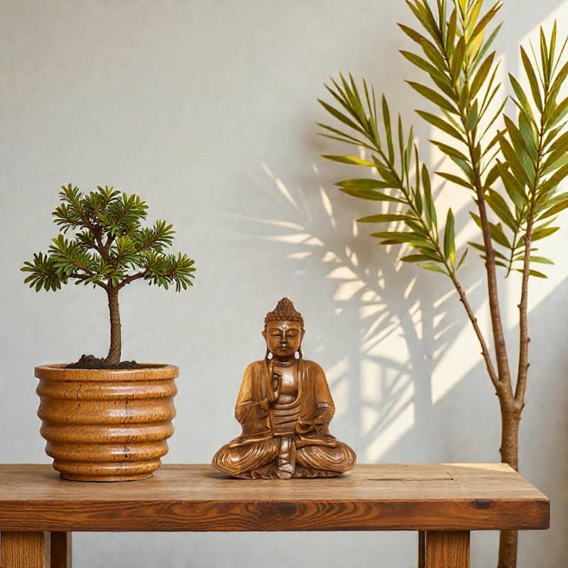 Wooden Serene Sitting Buddha "Vitarka Mudra" Statue Handmade Meditating Sculpture Figurine Home Decor Accent Handcrafted Art