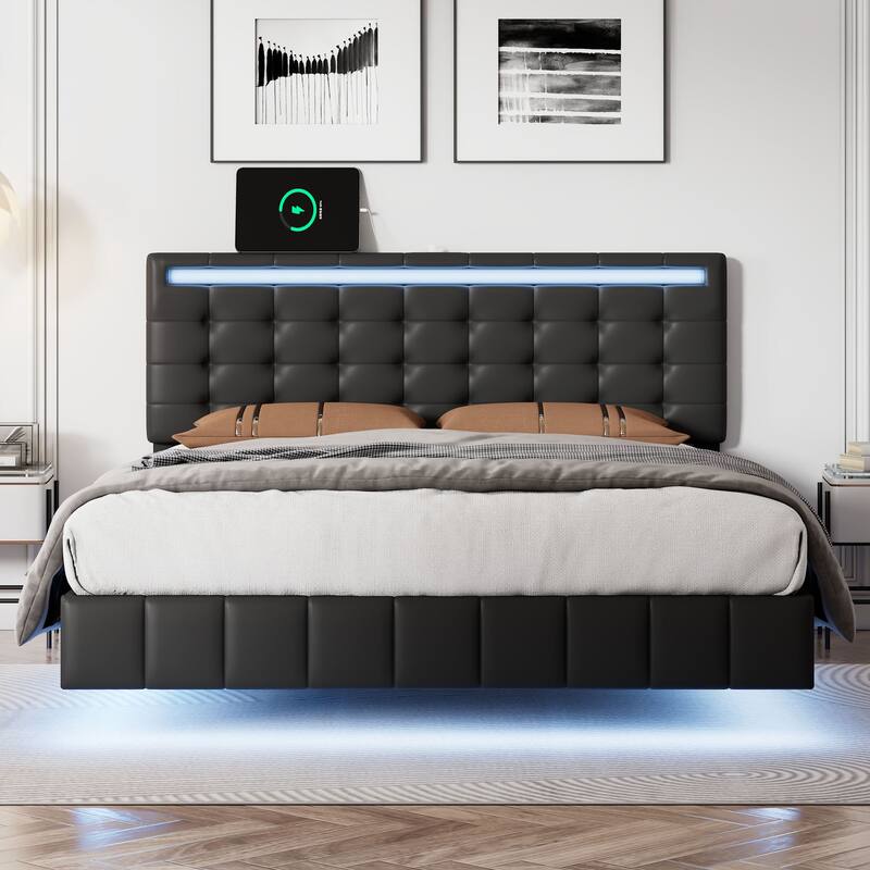 Floating Bed Frame with LED Lights and USB Charging Modern Upholstered Platform LED Bed Frame