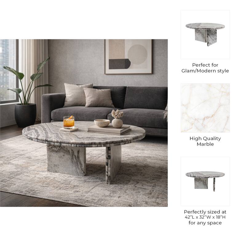 Round Marble Coffee Table with Pedestal Base - Ivory/Gray, 42" - 42.0"