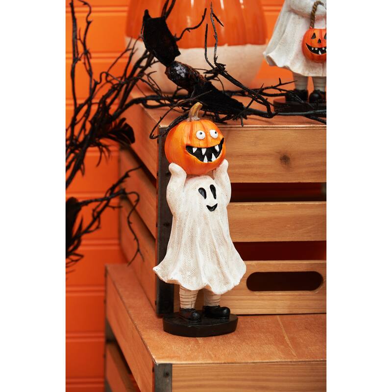 3.35" Kid Ghost Costume Holding Jack-O-Lantern Cute Halloween Figurine