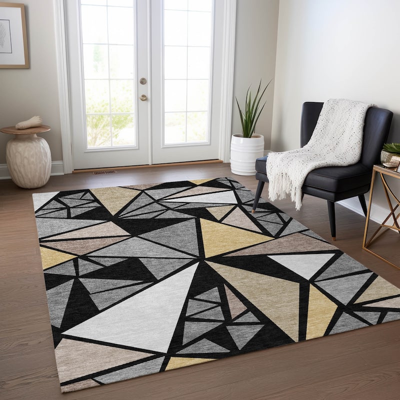 Machine Washable Indoor/ Outdoor Abstract Mosaic Chantille Rug - Black - 8' x 10'