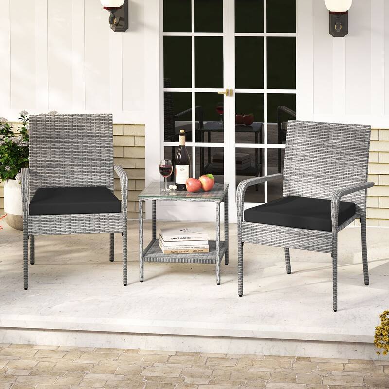 Gymax 3 Pieces Patio Furniture Set PE Rattan Porch Chairs w/ 2-Tier