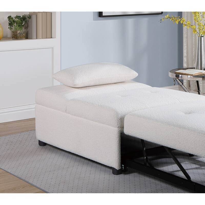 Contemporary White Convertible Sleeper Sofa Chair with Sherpa Fabric and Pillow