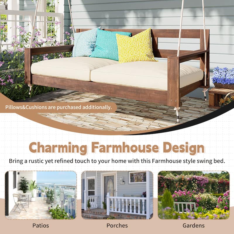 Rustic Elegance Acacia Wood Swing Bed, Farmhouse Daybed with 4 Stylish Colors & 350lb Capacity