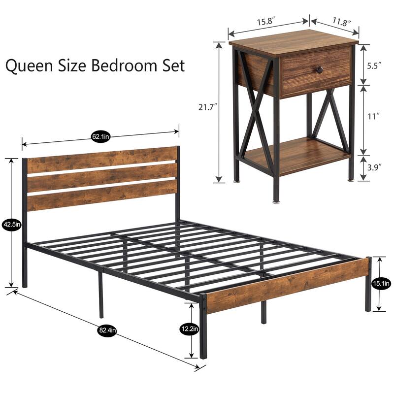3-Pieces Bed Frame with Wood Headboard and Modern Nightstands Set of 2