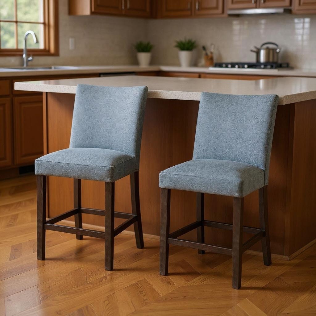 HomeRoots Set of Two 25" Gray And Espresso Fabric And Solid Wood Counter Height Bar Chairs