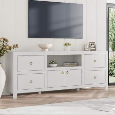 Farmhouse TV Stand for 75/80 Inch TVs, 70" Long Entertainment Center with 6 Storage Drawers & Soundbar Shelf, White