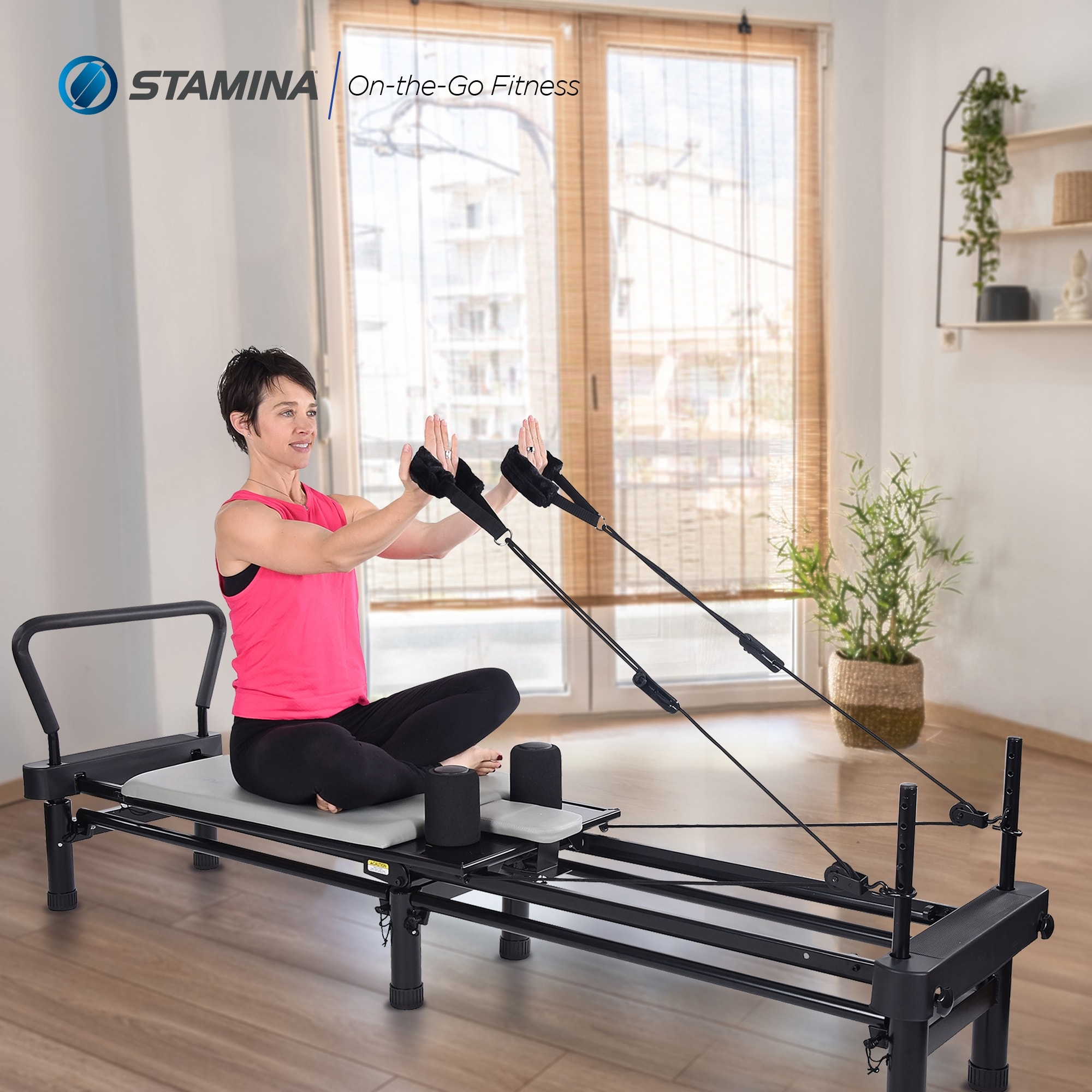 Stamina Products AeroPilates Reformer 651 Whole Body Resistance Workout  Machine for Home Gym with 10 Inch Stand and Foldable Frame with Wheels