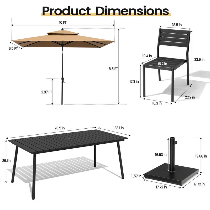 9PC Outdoor Patio Dining Set Aluminum Table with Stackable Chairs w/ Market Umbrella Set
