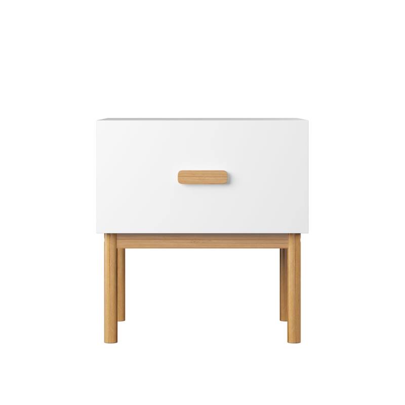 Modern White Nightstand with Drawer and Wood Legs, Minimalist Bedside Table with Handle for Bedroom, Living Room, Apartment