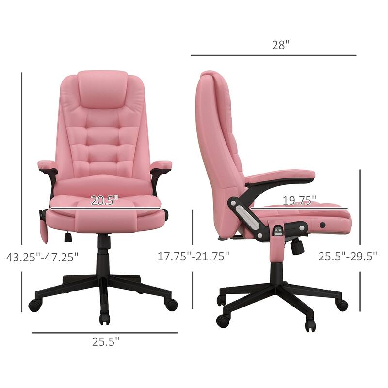 Pink PU Leather 360° Swivel High Back Office Recliner with Vibration Massage, Lumbar Heating, and Adjustable Height