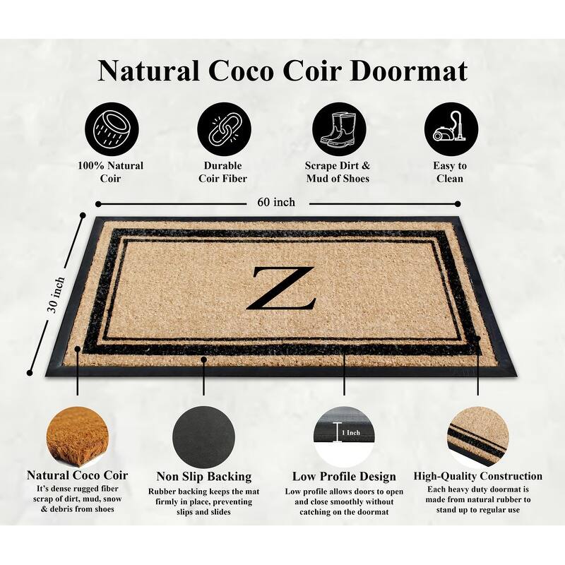 A1HC Natural Coir & Rubber Non Slip Thin Profile Front Door Large Monogrammed Door Mats 30x60 Inches