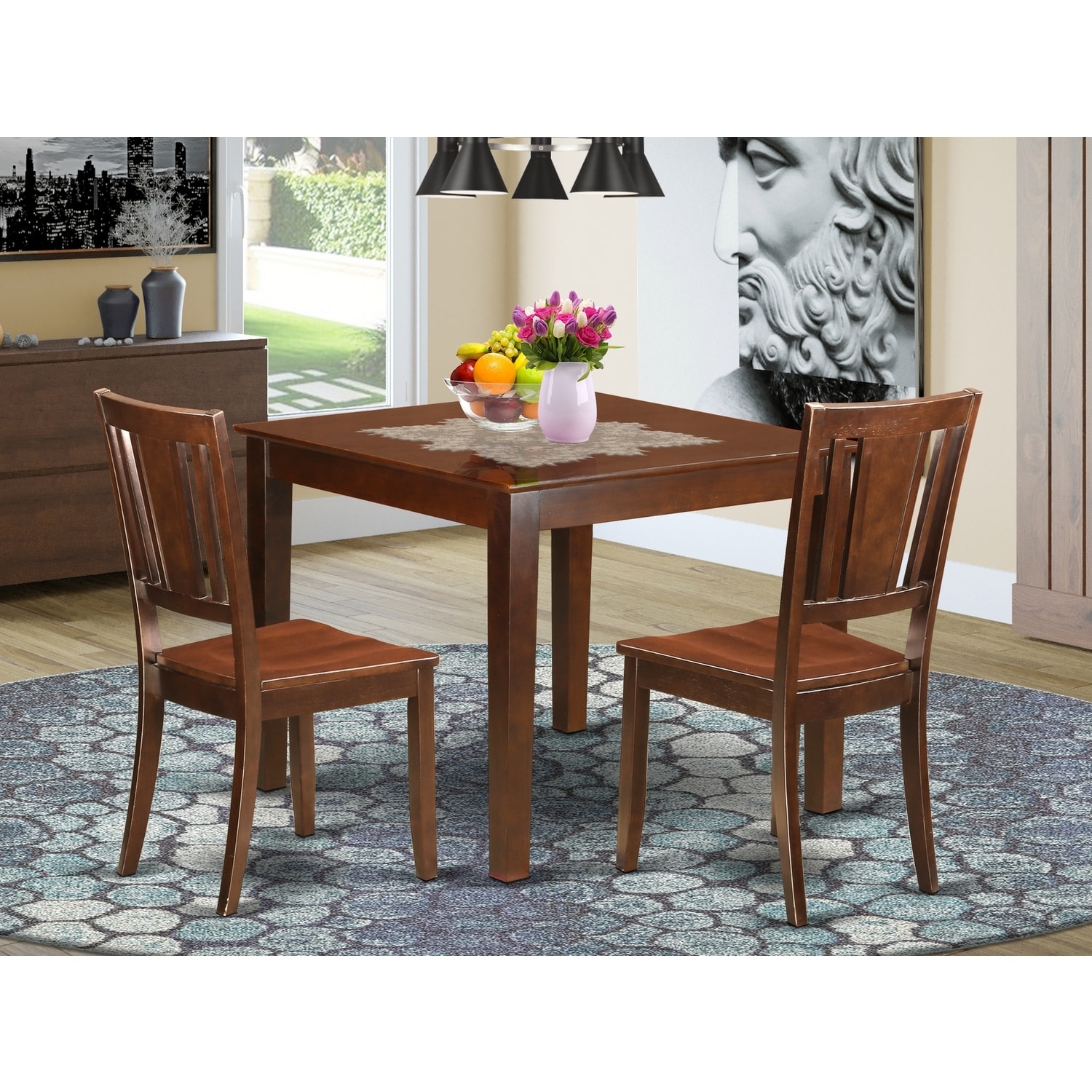 Rustic Dining Table Set - Square Table & 2 Chairs - Hardwood, Floral Design - Cozy Kitchen Dining