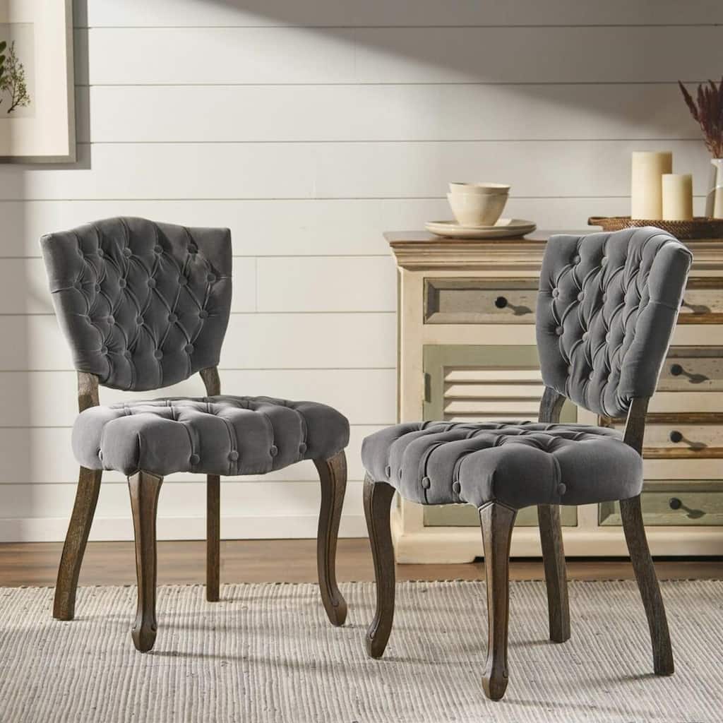 Roomfitters Tufted Accent Chairs Set of 2, Vintage Upholstered Dining Chairs with Curved Wood Legs, Grey Velvet