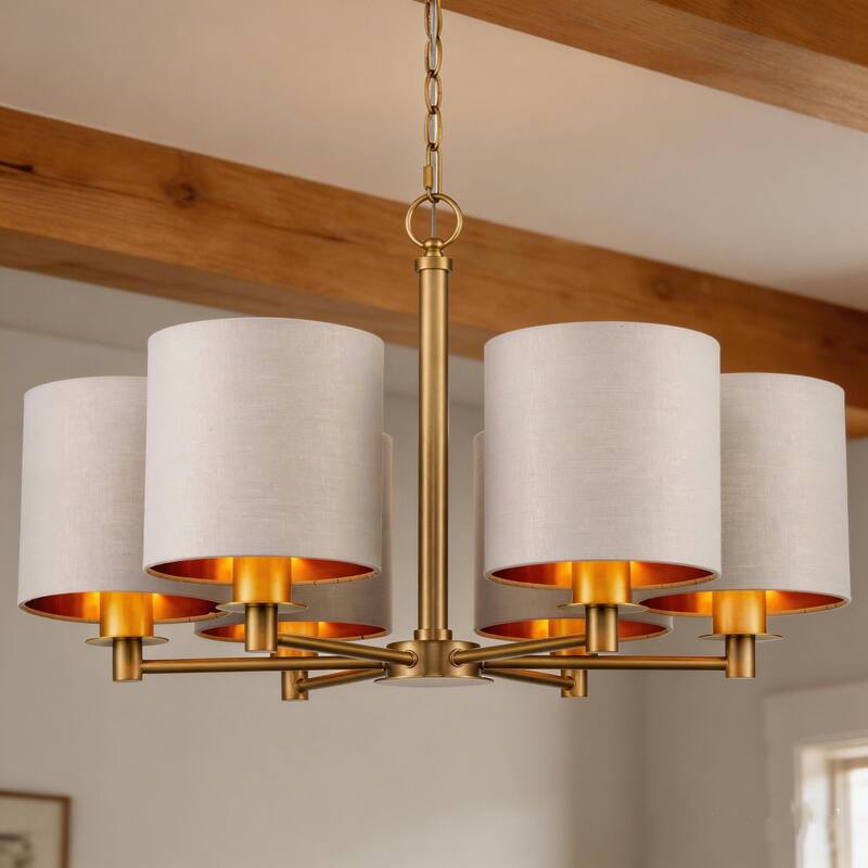 Modern Chandelier Dining Room Pendant Light Fixture Drum Fabric Shade - 6-Light