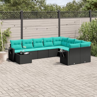 vidaXL 10 Piece Patio Sofa Set with Cushions Black Poly Rattan - 21.7x27.2x24.4