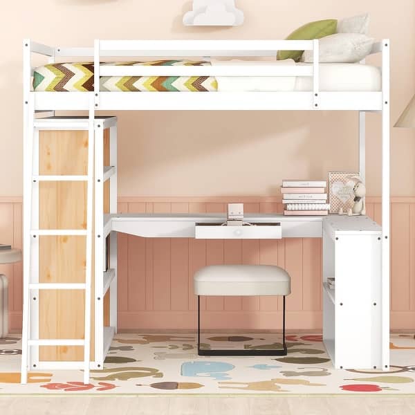 slide 2 of 12, Multi-function Full Size Loft Bed with Ladder, Wood Loft Bed with Shelves and Desk White