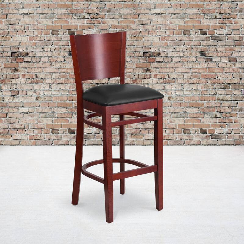 2 Pk. Lacey Series Solid Back Wooden Restaurant Barstool - 16.75"W x 18"D x 43.5"H - 16.75"W x 18"D x 43.5"H - Black Vinyl Seat/ Mahogany Wood Frame
