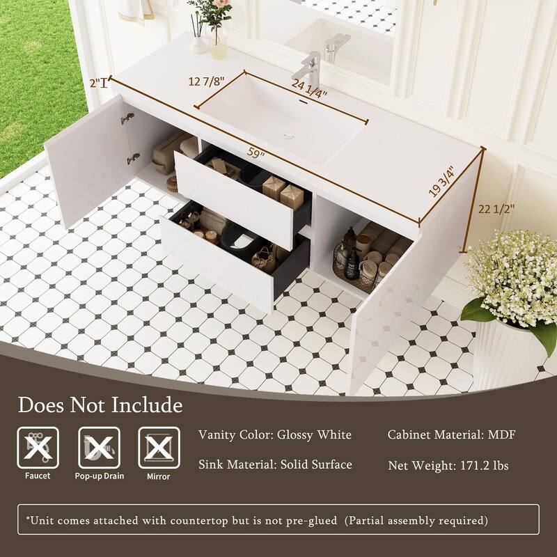 Modern Wall-Mounted Bathroom Vanity with White Solid Surface Top