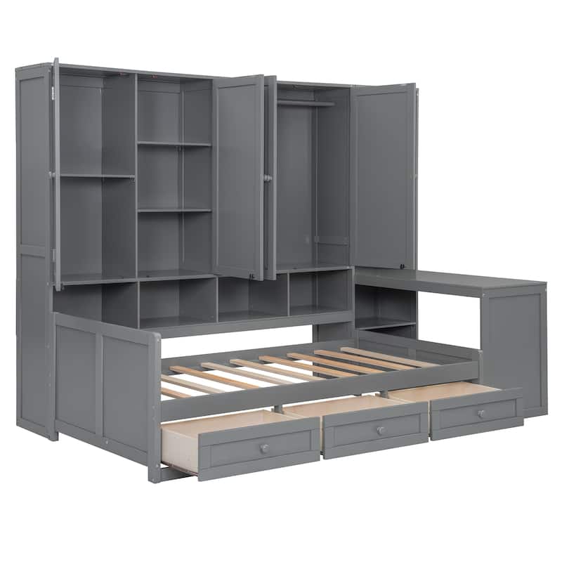 Daybed with Storage Drawers, Built-In Desk, Cabinets, and Shelves, Space-Saving Design