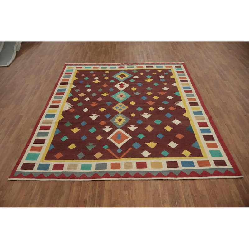 Hand Woven Oriental 100% Wool Carpet Southwestern Tribal Brown Kilim Area Rug - 9' 9'' X 8' 6''