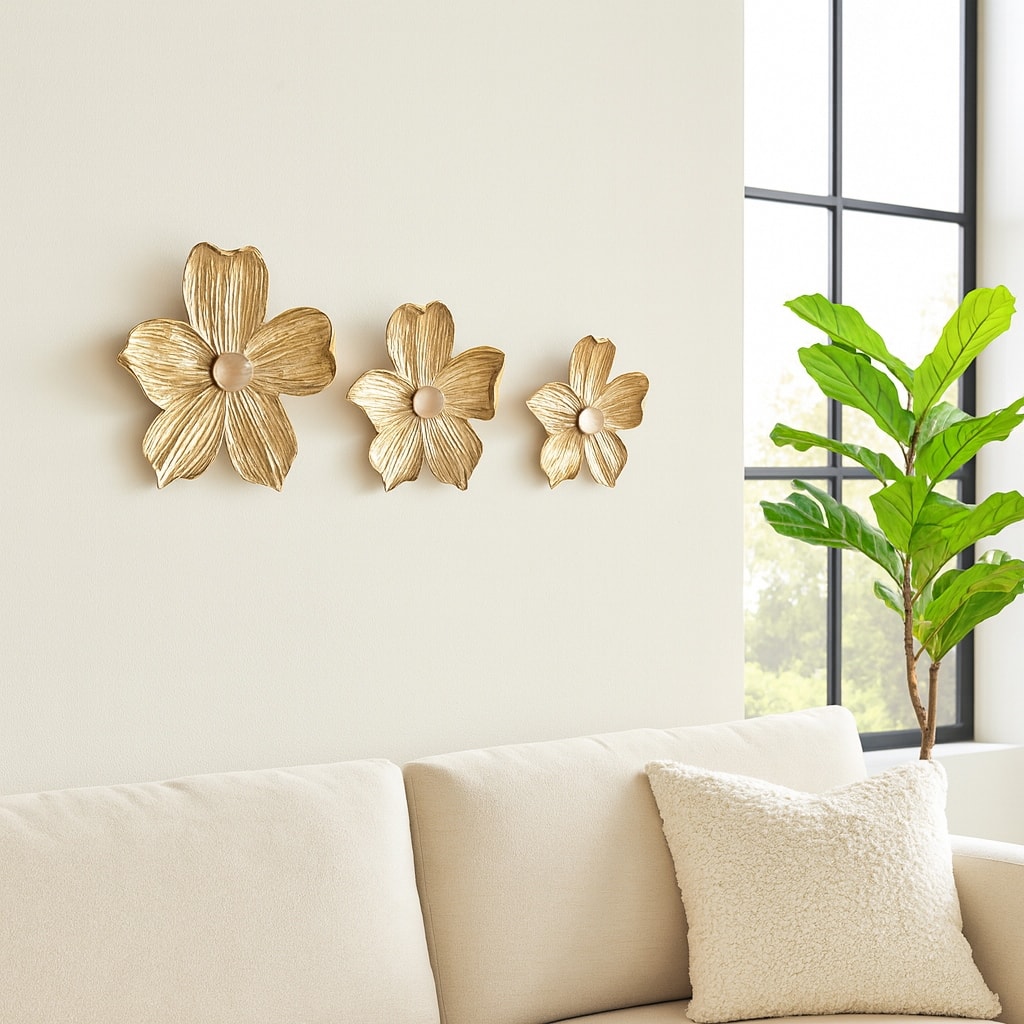 Modern Five Petal Flower Decorative Wall Art Sculpture- Set of 3, 18", Gold