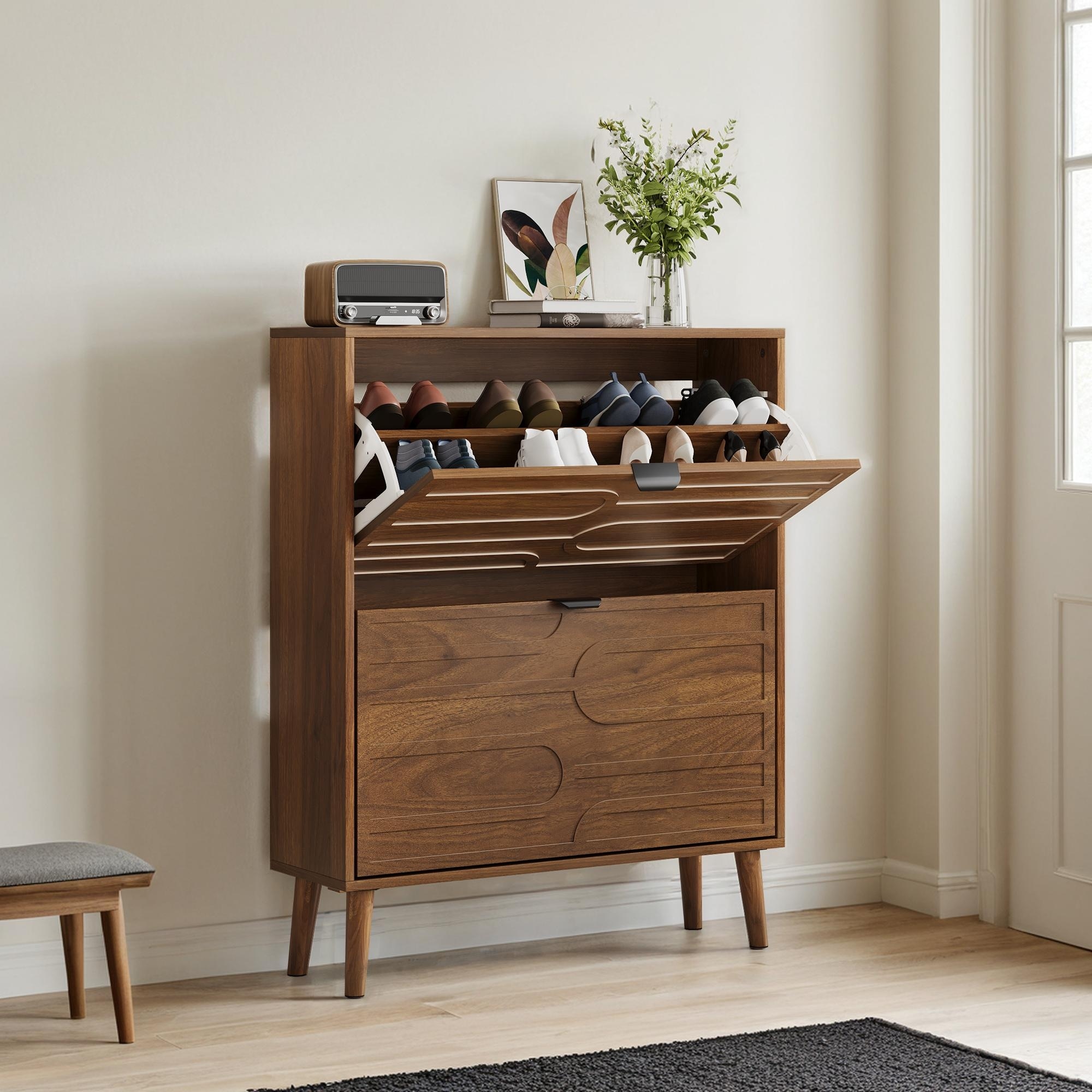 Modern Independent Shoe Cabinet, 31.5-inch Walnut Shoe Storage Cabinet, Fence Shoe Cabinet with 2 Flip Drawers For Corridors