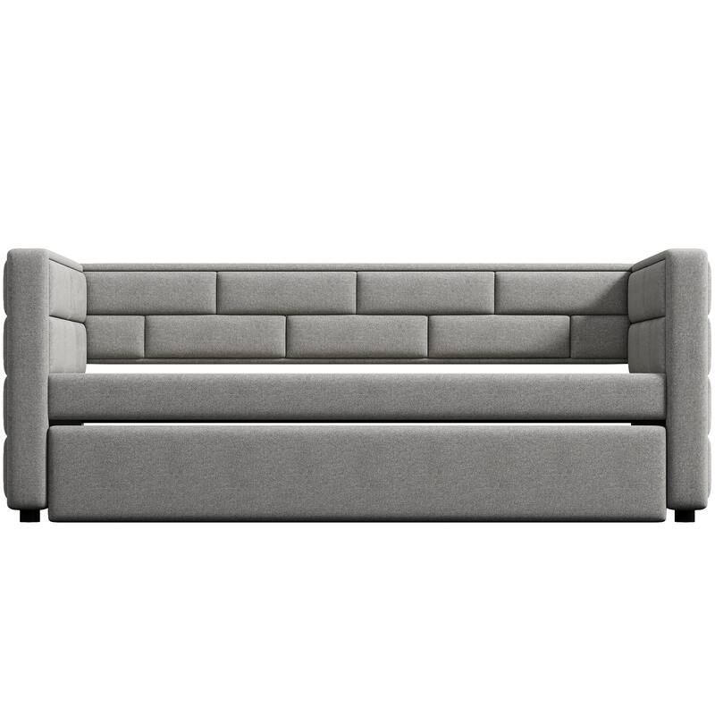 Twin Size Upholstered Daybed with Trundle and Padded Back in Gray