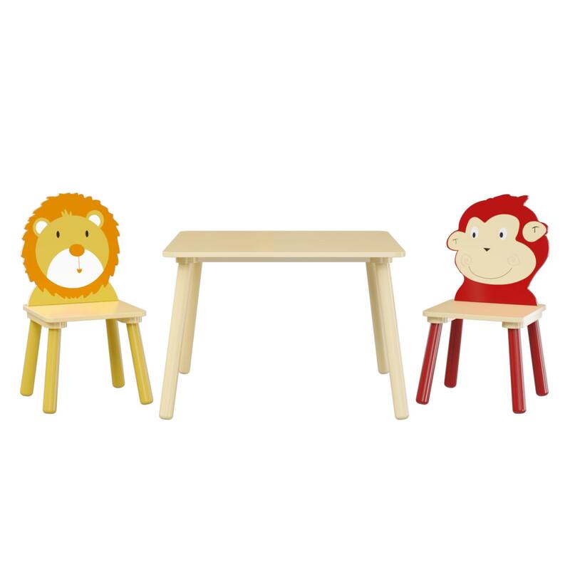 Kids Table and 2 Chairs Set,3 Pieces Toddler Table and Chair Set,Wooden Activity Play Table Set (Lion&Monkey)