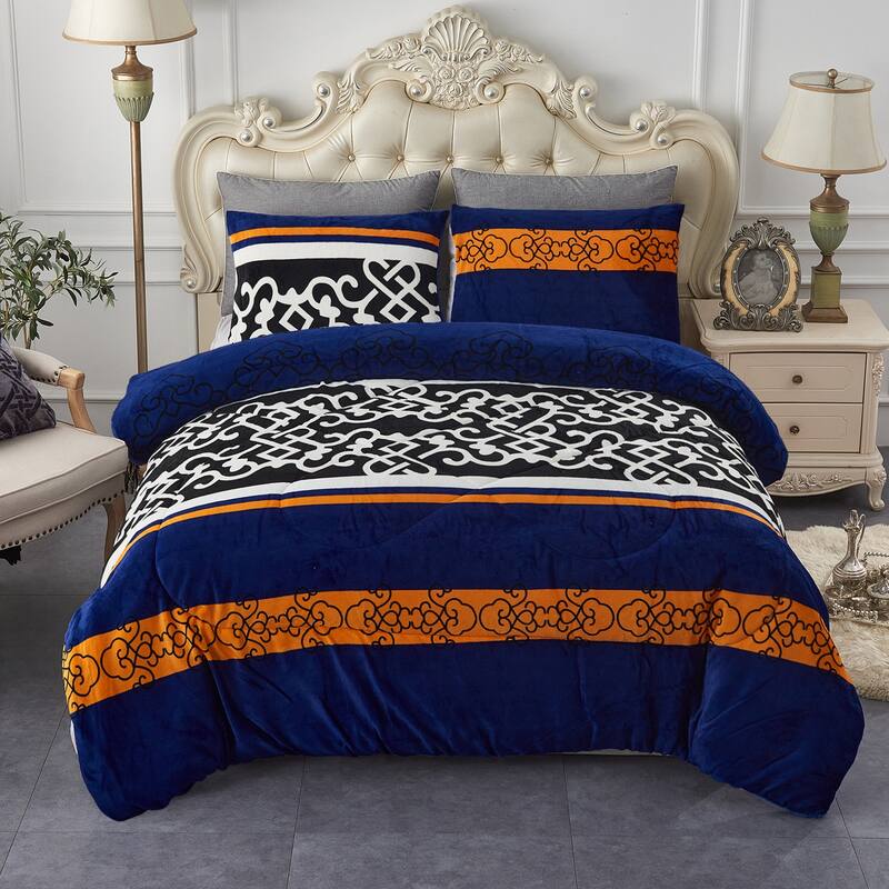 3-Piece Floral Printed Sherpa-Backing Reversible Comforter Set