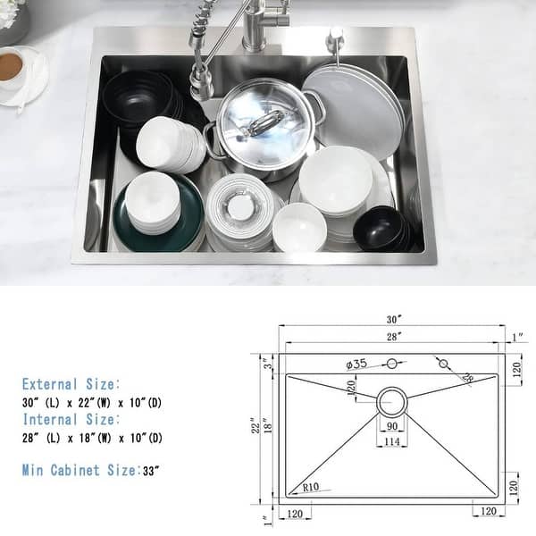 Vanityfair 30 Inch Single Bowl Stainless Steel Topmount Kitchen Sink 16 Gauge with 2 Faucet Holes